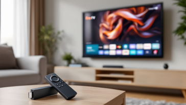 Fire TV Stick 4K con telecomando e TV in background