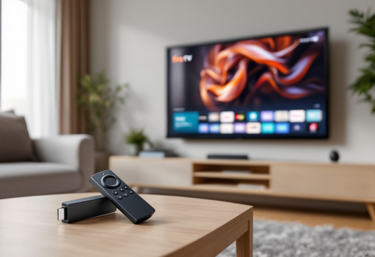 Fire TV Stick 4K con telecomando e TV in background