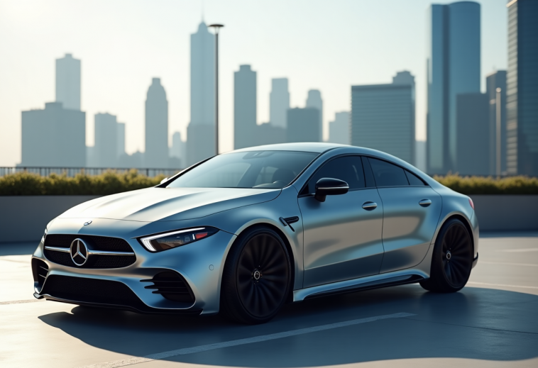 Mercedes-Benz CLA elettrico in un paesaggio urbano moderno